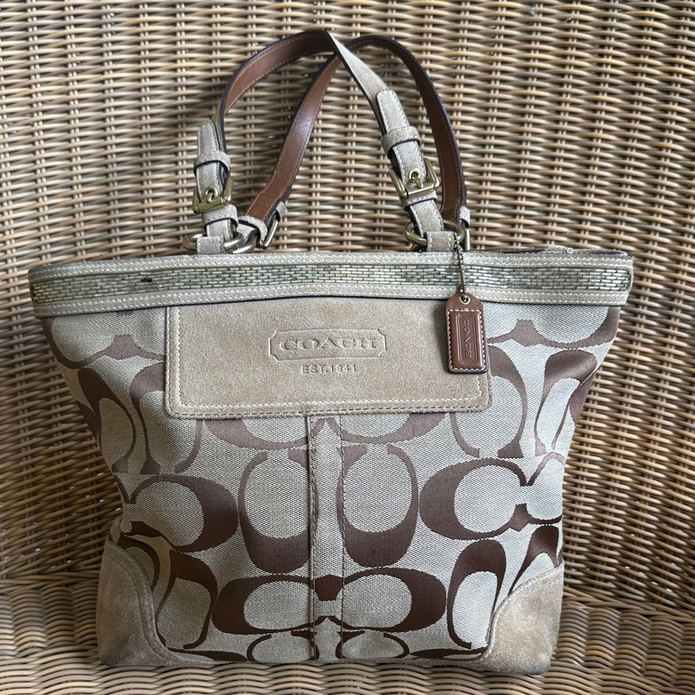 Coach Brown and Tan Signature Canvas Tote - Picture 2 of 13